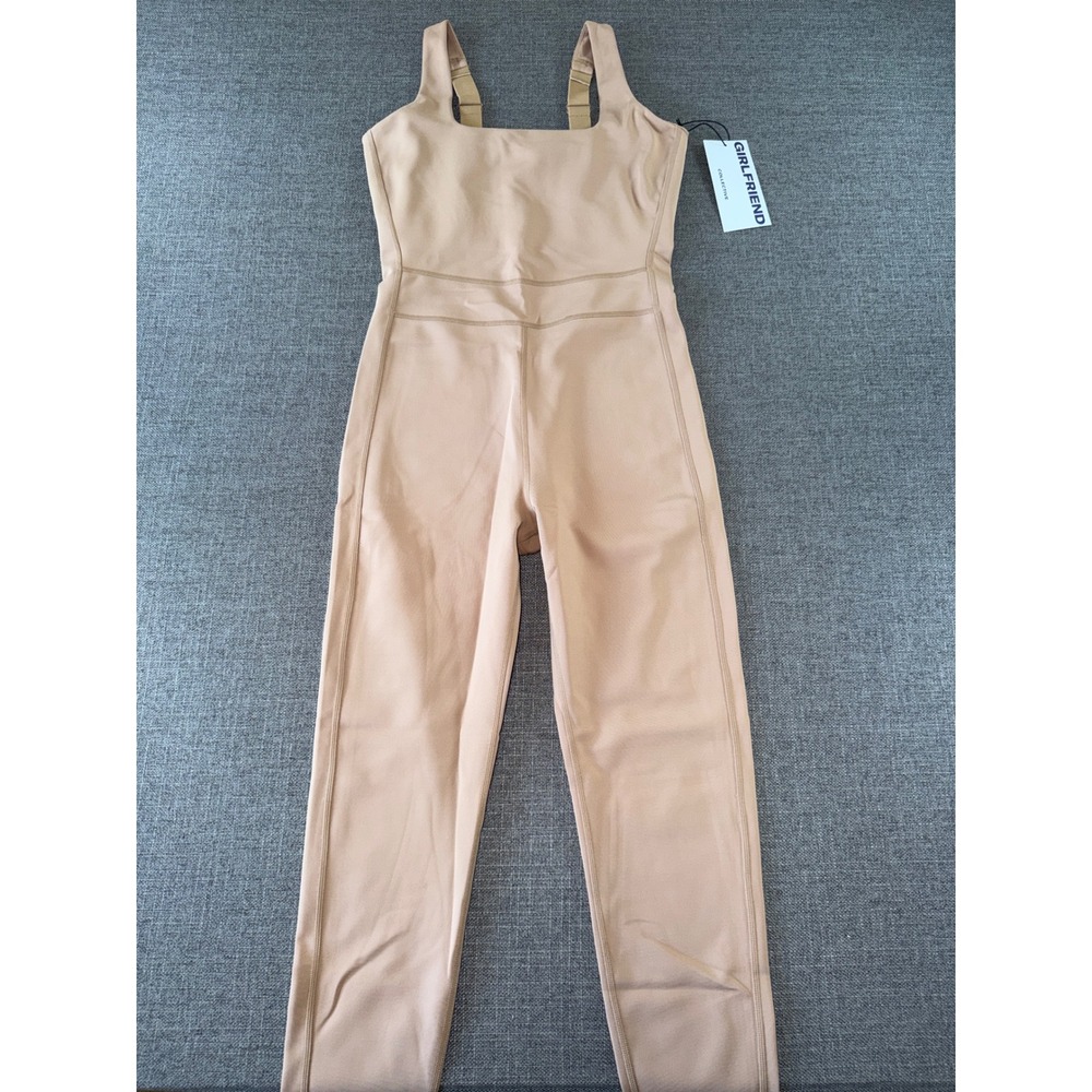 Girlfriend Collective Womens Tan Square Neck Adjustable Strap Unitard Bodysuit M